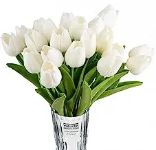 باقة زهور التوليب الاصطناعية من HoveBeaty لديكور مهرجان الزفاف، باقة زهور من البولي يوريثان ذات لمسة حقيقية، حزمة من 20 (أبيض)