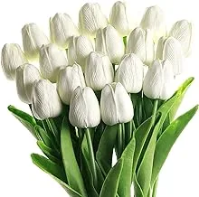 Enova Floral 20 قطعة من زهور التوليب الاصطناعية ذات اللمس الحقيقي باقة وهمية من التوليب لديكور المنزل، تحف الزفاف (أبيض)