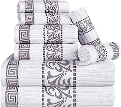 SUPERIOR 8 Piece Cotton Towel Set, Highly-Absorbent Plush Decorative Bohemian, Greek Key Trim Jacquard Dobby Border, Face Towels 13” x 13”, Hand Towels 16” x 30”, Bath Towels 30” x 52”, White-Chrome