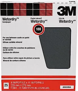 3M Wetordry Sandpaper, 25 Sheets, 9 in x 11 in, 180 Grit, Fine, For Wet and Dry Sanding, Premiere Finish on Lacquers, Primers, Sealers, Plastics & Paints, For Final or Between Coats Sanding (88620NA)