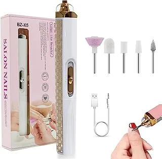 Joyzzz Portable Electric Nail Drill, Professional Manicure Pedicure Nail Filer Kit with 5 Drill Bits, Polishing Shaping Tools for Home or Salon Acrylic and Gel Nails Use (White)