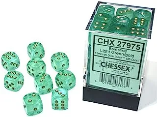 Chessex Borealis Luminary Dice D6 Dice 36-Piece Set, 12 mm Size, Light Green/Gold