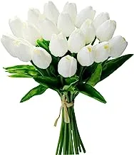 20 قطعة من زهور ماندي البيضاء النقية زهور التوليب الحريرية الاصطناعية مقاس 13.5 بوصة بكميات كبيرة لتزيين المنزل والمطبخ والزفاف