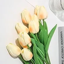 COOLBABY 10pcs Real Touch Tulips PU Artificial Flowers, Fake Tulips Flowers for Arrangement Wedding Party Easter Spring Home Dining Room Office Decoration. （ champagne, 14