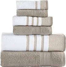 Modern Threads 6 Piece Set, 2 Bath Towels, 2 Hand Towels, 2 Washcloths, Quick Dry White/Contrast Reinhart Tan