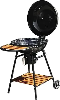 Charcoal barbecue: enamelled steel hearth Ø57 cm on trolley with wooden basket, wooden front shelf and enameled cover. System of ash recovery. Delivered with cooking grid Ø55 cm.