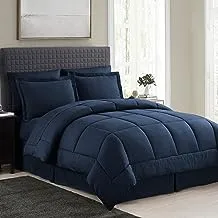 Queen Comforter Set 8 Piece Bed in a Bag with Bed Skirt, Fitted Sheet, Flat Sheet, 2 Pillowcases, 2 Pillow Shams, Queen, Checkered Navy