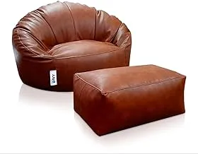 Wavy Royal Chair and Footstool Leather Bean Bag, Brown