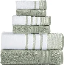 Modern Threads 6 Piece Set, 2 Bath Towels, 2 Hand Towels, 2 Washcloths, Quick Dry White/Contrast Reinhart Sage