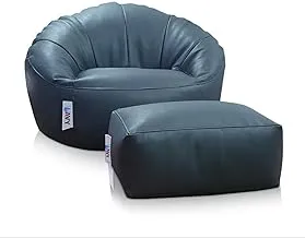 Wavy Royal Chair and Footstool Leather Bean Bag, Black