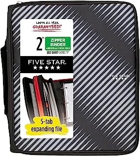 Five Star Zipper Binder, 2 Inch 3-Ring Binder for School, 6 Pocket Expanding File, 380 Sheet Capacity, Black (72536)