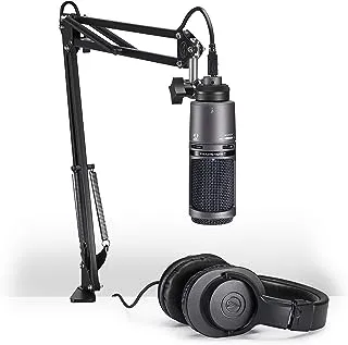 مجموعة ميكروفون صوتي Audio-Technica AT2020USB + PK للبث / البث ، بما في ذلك ميكروفون USB مع مقبس سماعة رأس مدمج والتحكم في مستوى الصوت وذراع ذراع وسماعات رأس