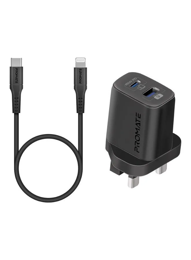 PROMATE Dual Port AC Charger 25W With Type-C To Lightning Cable 1.2M Black