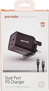 Porodo A+C 35W Wall Charger UK w/Braided Type-C to Type-C Cable 1.2m - Black
