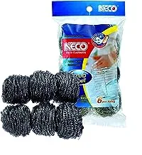 Neco 6 Pcs Stainless Steel Scrubber Sponges, Heavy Duty Tough Scouring Pads for Dishes, Pans, Pots, Ovens, Uncoated Cookware, Metal Sponges for Kitchen Powerful to Clean Grease Dirt Oil