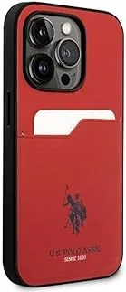 يو اس بولو أسن. حافظة صلبة بفتحة بطاقة PU لهاتف iPhone 14 Pro (6.1 بوصة) - أحمر