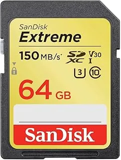 بطاقة ذاكرة SanDisk Extreme سعة 64 جيجابايت SDXC تصل إلى 150 ميجابايت/ثانية، UHS-I، فئة 10، U3، V30