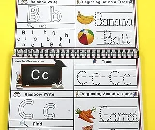 كتاب ممارسة الكتابة باللغة الإنجليزية القابل لإعادة الاستخدام للأطفال المستوى 1. حجم A4 مع تتبع الحروف، وتتبع الكلمات مع الرسوم التوضيحية