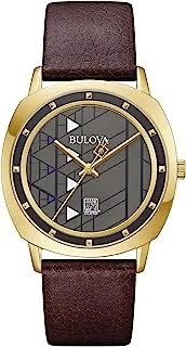 Bulova mens Frank Lloyd Wright Hollyhock House Gold Tone Stainless Steel 3-Hand Quartz, Brown Leather Strap Style: 97A173, Gold-Tone and Gray