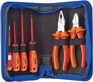 UNIOR 617573 - Electrical Hand Tool set with insulated blade , 1x combination pliers, 1x diagonal cutting nippers, 2X flat screwdriver, 1x crosstip screwdriver, 1x voltage tester 220-250 V