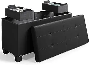 Storage Ottoman Bench with Storage Bins, 30-In Storage Bench for Bedroom End of Bed, Folding Foot Rest Ottoman with Storage for Living Room, Storage Chest Max 660lbs, Faux Leather Ottoman, Black