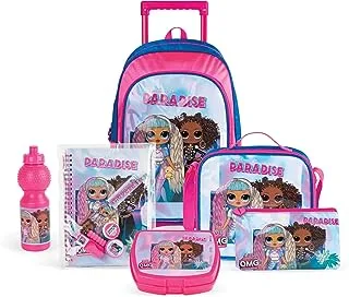 مجموعة صندوق حقيبة مدرسية بعجلات 6 في 1 مرخصة من تروكير | حقيبة ظهر للأطفال والأولاد والبنات | مقاومة للماء، 18 بوصة