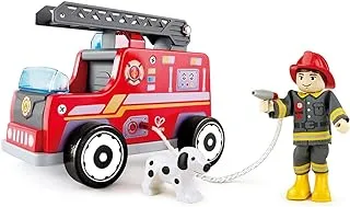 Hape Fire Truck Playset| Wooden Fire Engine Toy with Action Figure & Rescue Dog