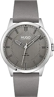 HUGO #First Men's Quartz Stainless Steel and Leather Strap Casual Watch, Color: Grey (Model: 1530185), Grey, Quartz Watch