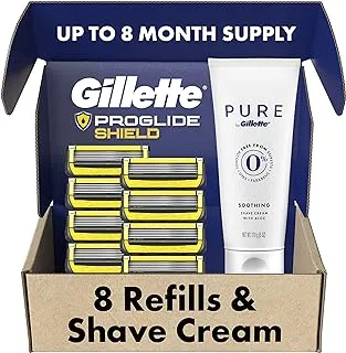 Gillette ProGlide Shield Mens Razors 8 Razor Blade Refills Plus Gillette PURE Mens Soothing Shaving Cream with Aloe, 6 oz