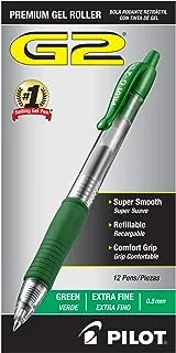 أقلام جل جل كروية دوارة ممتازة قابلة لإعادة الملء وقابلة للسحب من بايلوت G2، نقطة دقيقة للغاية، حبر أخضر، 12 عبوة (31005)