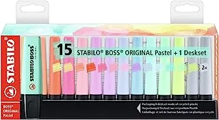 هايلايتر - ستابيلو بوس باستيل أصلي - طقم مكتب مكون من 15 قطعة - 14 لونًا متنوعًا (2X رمادي ترابي)