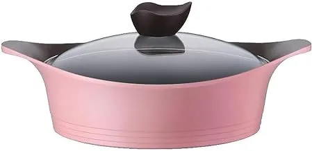 Neoflam Aeni Ceramic Low Pot with Glass Lid, 20 cm Size, Pink