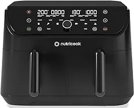 Nutricook Air Fryer Duo 2 Non Vision by Caliber Brands، سلة مزدوجة يمكن التحكم فيها بشكل مستقل سعة 8.5 لتر، قلي بالهواء، خبز، تحميص، شواء، إعادة تسخين وتجفيف، 6 إعدادات مسبقة، AFD185، أسود، 2400 واط، ضمان لمدة عامين