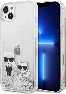جراب CG MOBILE Karl Lagerfeld من السيليكون اللامع السائل Karl و Choupette / رفيع للغاية / غير قابل للانزلاق / ممتص للصدمات / مضاد للخدش متوافق مع iPhone 14 Max 6.7 بوصة (فضي)