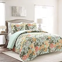 Lush Decor Sydney Floral Leaf 3 Piece Reversible Quilt Bedding Set, King, Blue & Green