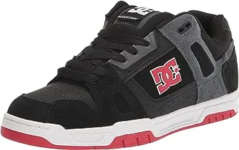DC Men's Stag Low Top Skate Shoe, Black/Red/Grey, 9.5