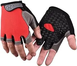 MG Pair Half Finger Bicycle Cycling Gloves High Elasticity Breathable Mesh Anti-slip MTB Bike Gloves Outdoor Sports Cycling Gloves, Red/Grey - Large
