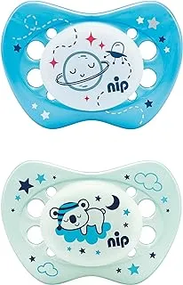 nip Night Soothers Silicone, Glow in the dark, 5-18M made in Germany, planets & clouds, 2 pcs