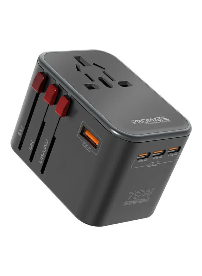 PROMATE 75W GaNFast Power Delivery Multi-port Travel Adapter / 75W Three USB-C Power Delivery Ports, Dual QC 3.0 Port And 10A Surge Protect, TripMate-GaN75 Black