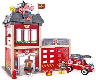Sustainable Wood Toy Hape Large Fire Station Playset With Battery-Powered Alarms, Fire Fighter, Rescue Dog And Helicopter. 3 years +