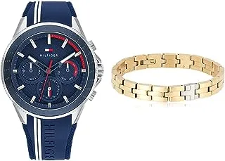 Aiden Men'S Navy Dial Watch - 1791859 + Tommy Hilfiger Men Two Tone Stainless Steel Bracelet - 2790298, Gold, Small
