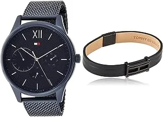 Men'S Blue Dial Ionic Plated Blue Steel Watch - 1791421 + Tommy Hilfiger Mens Double Wrap Leather Bracelet, Black, Large