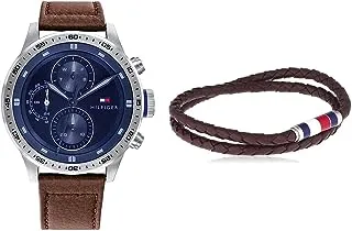 Men'S Analogue Quartz Watch With Leather Calfskin Strap 1791807 + Tommy Hilfiger Bracelet For Men, 2790055- Brown