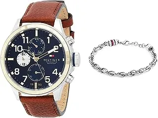 ساعة كوارتز للرجال ، شاشة متعددة المينا وحزام جلدي 1791137 + أساور سلسلة تومي هيلفيغر للرجال - 2790499