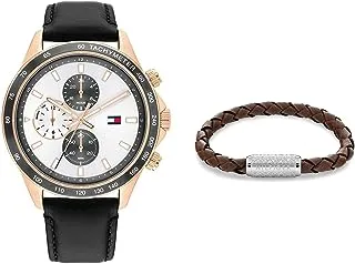 Miles Men'S Silver Dial, Black Leather Watch - 1792016 + Tommy Hilfiger Men'S Eplore The Braid Leather Bracelet - 2790482