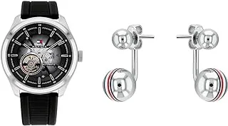 Oliver Men'S Black Dial Automatic Watch - 1791886 + Tommy Hilfiger 2780496 Ladies Orb Stainless Steel Earrings, Silver, One Size
