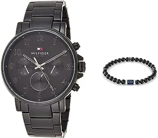 Men'S Black Dial Ionic Plated Black Steel Watch - 1710383 + Tommy Hilfiger Wood Beads,Men'S Wood Bead Bracelet - 2790323