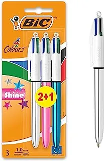 BIC 4 Colors Shine Medium Retractable Ball Pen Pack of 2+1 Assorted