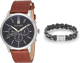 Tommy Hilfiger Men Blue Dial Light Brown Leather Watch - 1791629 + Magnetic Braided Leather- Grey