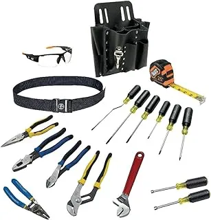 Klein Tools 80118 Electrician Tool Kit with Klein Tools Hand Tools and Eye Protection, Comes in 10-Pocket Leather Tool Pouch, 18-Piece
